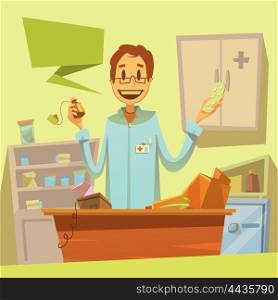 Pharmacy Salesman Illustration. Pharmacy salesman background with different types of medicines cartoon vector illustration