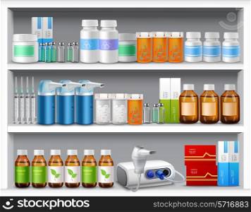 Pharmacy shelves with medicine pills bottles liquids and capsules realistic vector illustration