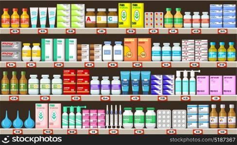 Pharmacy shelves with medicine.Vector illustration