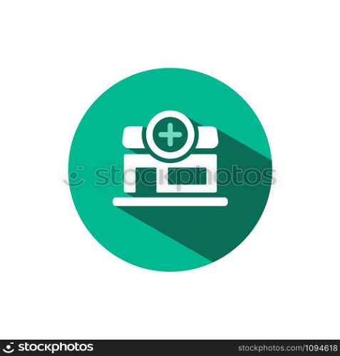 Pharmacy shop icon with shadow on a green circle. Flat color vector pharmacy illustration