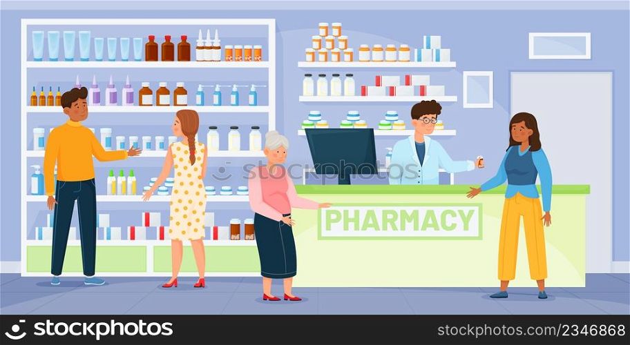 Pharmacy shop with customers, pharmacist consulting patient. People buying drugs, drugstore with medicine on shelves vector illustration. Medical consultation, characters purchasing remedy. Pharmacy shop with customers, pharmacist consulting patient. People buying drugs, drugstore with medicine on shelves vector illustration