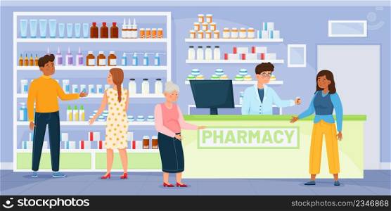 Pharmacy shop with customers, pharmacist consulting patient. People buying drugs, drugstore with medicine on shelves vector illustration. Medical consultation, characters purchasing remedy. Pharmacy shop with customers, pharmacist consulting patient. People buying drugs, drugstore with medicine on shelves vector illustration