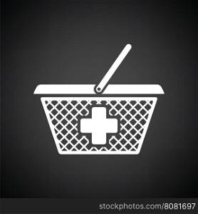 Pharmacy shopping cart icon. Black background with white. Vector illustration.
