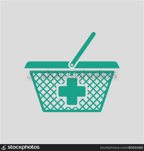 Pharmacy shopping cart icon. Gray background with green. Vector illustration.