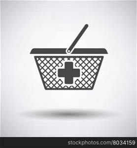 Pharmacy shopping cart icon on gray background, round shadow. Vector illustration.