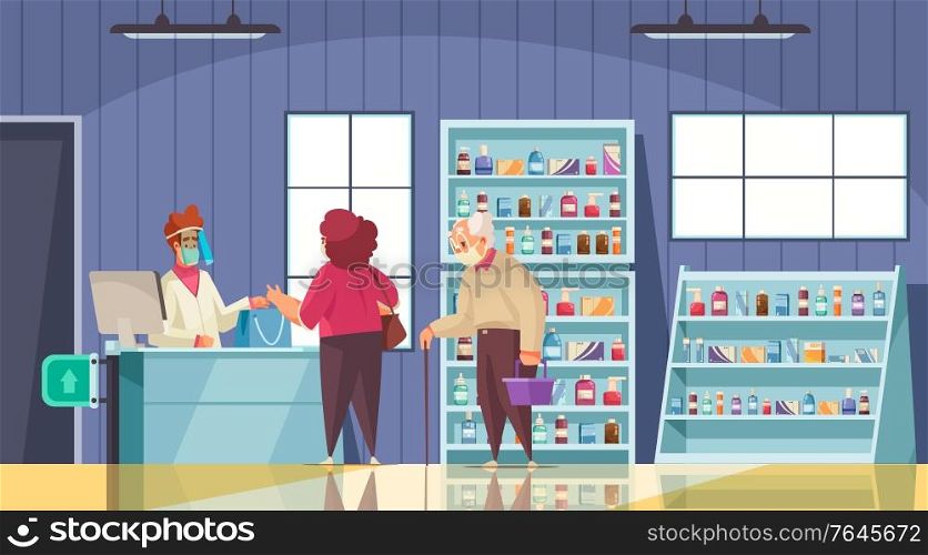 Pharmacy store background with medical prescription symbols flat vector illustration
