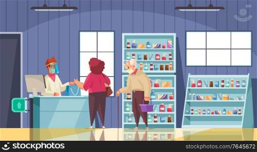 Pharmacy store background with medical prescription symbols flat vector illustration