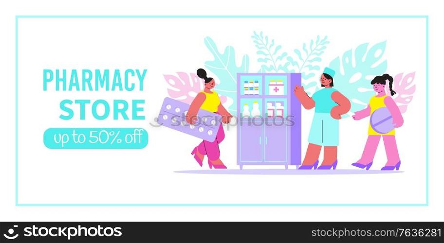 Pharmacy store banner with pharmacist near showcase clients and discount advertising flat vector illustration