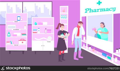 Pharmacy store composition with indoor interior scenery cabinet racks with medical products and doodle human characters vector illustration