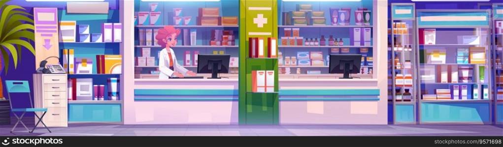 Pharmacy store interior with counter and woman character. Pharmacist inside drugstore with shelves full of drug, vitamin and chemist for sale. Treatment seller near showcase with prescription product. Medical store interior with counter and pharmacist