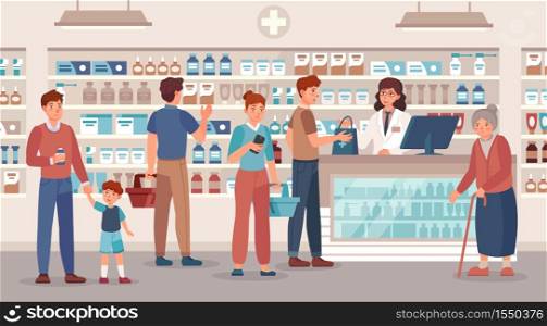 Pharmacy store. Pharmacist sells various medications people, medical consultation and buying medication in drugstore vector illustration. Old woman, man and woman with basket buy pills. Pharmacy store. Pharmacist sells various medications people, medical consultation and buying medication in drugstore vector illustration