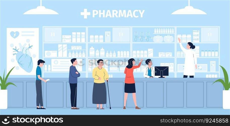 Pharmacy store, retail in clinic. Drugstore customer waiting line, medical seller or pharmacist. Woman buy medications, tablets, recent vector scene of drugstore retail illustration. Pharmacy store, retail in clinic. Drugstore customer waiting line, medical seller or pharmacist. Woman buy medications, tablets, recent vector scene