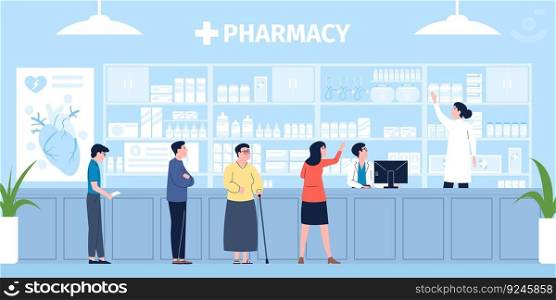 Pharmacy store, retail in clinic. Drugstore customer waiting line, medical seller or pharmacist. Woman buy medications, tablets, recent vector scene of drugstore retail illustration. Pharmacy store, retail in clinic. Drugstore customer waiting line, medical seller or pharmacist. Woman buy medications, tablets, recent vector scene