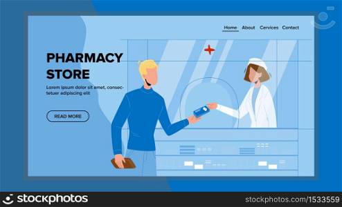 Pharmacy Store Seller Selling Medicament Vector. Man Client Buying Medicine Pills In Pharmacy Shop. Pharmacist Woman Sold Pharmaceutical Antibiotics Package. Characters Web Cartoon Illustration. Pharmacy Store Seller Selling Medicament Vector