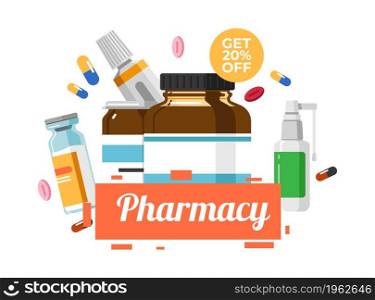 Pharmacy store with medication for health care, 20 percent off cost on pills, ointment and nasal drops. Promotion banner with reduction and discount on medicine products. Vector in flat style. Health care and medicine in pharmacy shop vector