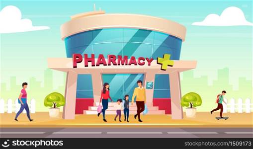 Pharmacy storefront flat color vector illustration. Drugstore entrance near road. Medication shop exterior. Clinic family visit. Local hospital. Modern 2D cartoon cityscape with people on background