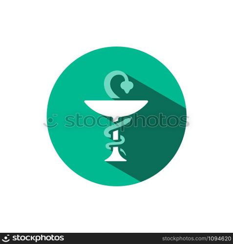 Pharmacy symbol chalice and snake icon with shadow on a green circle. Flat color vector pharmacy illustration