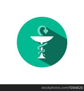 Pharmacy symbol chalice and snake icon with shadow on a green circle. Flat color vector pharmacy illustration