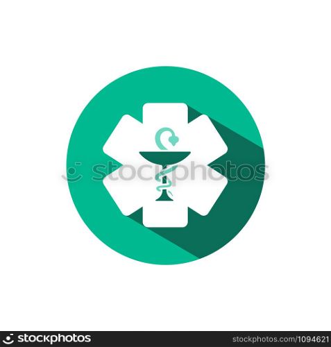 Pharmacy symbol icon with shadow on a green circle. Flat color vector pharmacy illustration