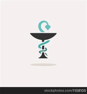 Pharmacy symbol with chalice and snake. Icon with shadow on a beige background. Medicine flat vector illustration