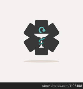 Pharmacy symbol with cross. Icon with shadow on a beige background. Flat vector illustration