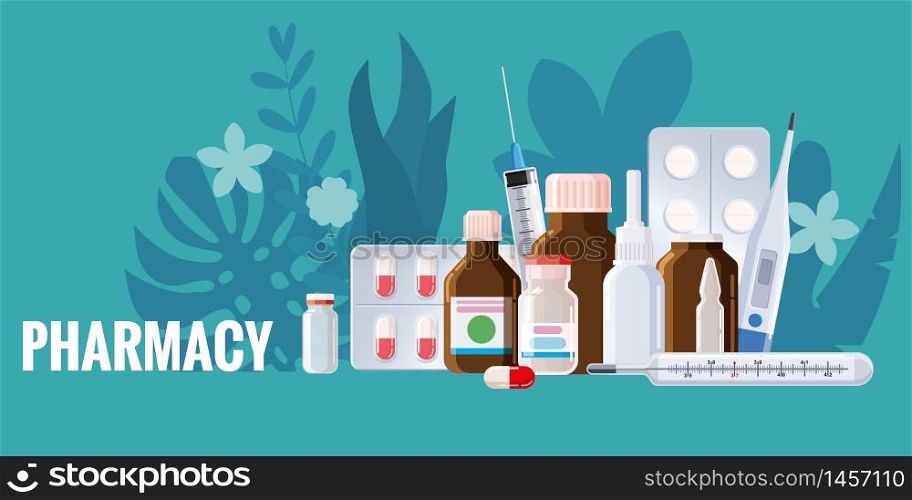 Pharmacy template frame with blister, spray, thermometer, jars, pills, drugs, medical bottles. Pharmacy template frame with blister, spray, thermometer, jars, pills, drugs, medical bottles. Drugstore vector cartoon, flat illustration. Medicine and healthcare banner, poster background vector, isolated