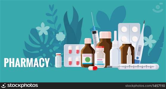 Pharmacy template frame with blister, spray, thermometer, jars, pills, drugs, medical bottles. Pharmacy template frame with blister, spray, thermometer, jars, pills, drugs, medical bottles. Drugstore vector cartoon, flat illustration. Medicine and healthcare banner, poster background vector, isolated