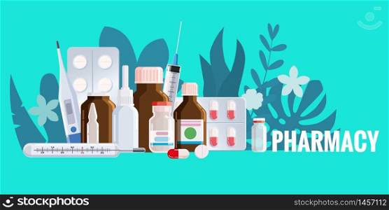 Pharmacy template frame with blister, spray, thermometer, jars, pills drugs medical bottles. Pharmacy template frame with blister, spray, thermometer, jars, pills, drugs, medical bottles. Drugstore vector cartoon, flat illustration. Medicine and healthcare banner, poster background vector, isolated