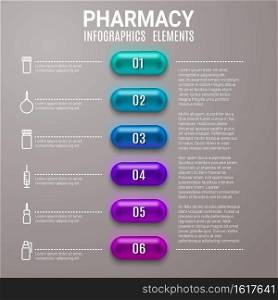 Pharmacy vector infographics aid of step chart with 3d pills or capsules. Healthcare medical graph with syringe, squirt, drug bottles and tubes linear icons. Health, medicine, science research design. Pharmacy vector infographics aid of step chart
