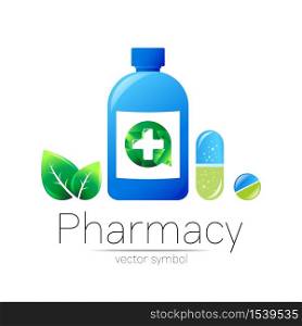 Pharmacy vector symbol of blue bottle with cross and pill tablet capsule and leaf for pharmacist, pharma store, doctor and medicine. Modern design vector logo on white background. Pharmaceutical icon.. Pharmacy vector symbol of blue bottle with cross and pill tablet capsule and leaf for pharmacist, pharma store, doctor and medicine. Modern design vector logo on white background. Pharmaceutical icon