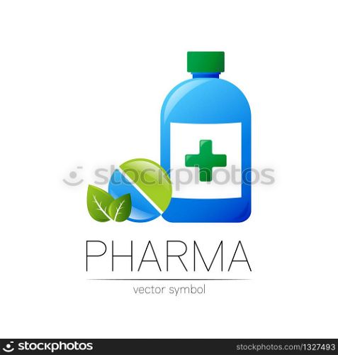 Pharmacy vector symbol of blue bottle with green cross and pill tablet with leaf for pharmacist, pharma store, doctor and medicine. Modern design vector logo on white . Pharmaceutical icon logotype. Pharmacy vector symbol of blue bottle with green cross and pill tablet with leaf for pharmacist, pharma store, doctor and medicine. Modern design vector logo on white . Pharmaceutical icon logotype .