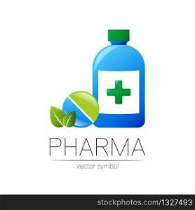 Pharmacy vector symbol of blue bottle with green cross and pill tablet with leaf for pharmacist, pharma store, doctor and medicine. Modern design vector logo on white . Pharmaceutical icon logotype. Pharmacy vector symbol of blue bottle with green cross and pill tablet with leaf for pharmacist, pharma store, doctor and medicine. Modern design vector logo on white . Pharmaceutical icon logotype .