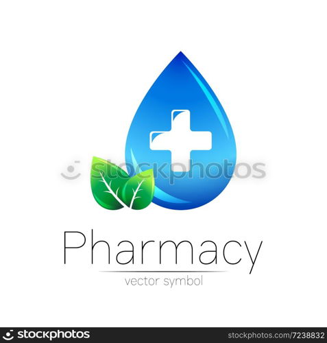 Pharmacy vector symbol of blue drop with cross and leaf for pharmacist, pharma store, doctor and medicine. Modern design vector logo on white background. Pharmaceutical icon logotype . Human Health.. Pharmacy vector symbol of blue drop with cross and leaf for pharmacist, pharma store, doctor and medicine. Modern design vector logo on white background. Pharmaceutical icon logotype . Human Health