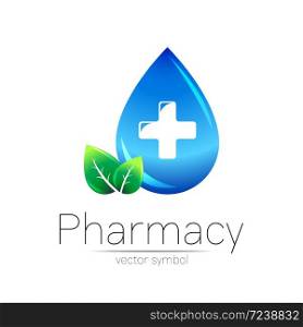 Pharmacy vector symbol of blue drop with cross and leaf for pharmacist, pharma store, doctor and medicine. Modern design vector logo on white background. Pharmaceutical icon logotype . Human Health.. Pharmacy vector symbol of blue drop with cross and leaf for pharmacist, pharma store, doctor and medicine. Modern design vector logo on white background. Pharmaceutical icon logotype . Human Health