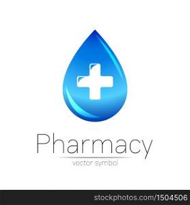 Pharmacy vector symbol of blue drop with cross for pharmacist, pharma store, doctor and medicine. Modern design vector logo on white background. Pharmaceutical icon logotype . Human Health.. Pharmacy vector symbol of blue drop with cross for pharmacist, pharma store, doctor and medicine. Modern design vector logo on white background. Pharmaceutical icon logotype . Human Health