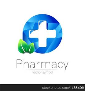 Pharmacy vector symbol of cross in blue circle with green leaf for pharmacist, pharma store, doctor and medicine. Modern design vector logo on white background. Pharmaceutical icon logotype. Health.. Pharmacy vector symbol of cross in blue circle with green leaf for pharmacist, pharma store, doctor and medicine. Modern design vector logo on white background. Pharmaceutical icon logotype. Health