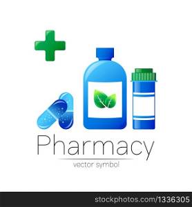 Pharmacy vector symbol with 2 blue pill bottle and tablet for pharmacist, pharma store, doctor and medicine. Modern design vector logo on white background. Pharmaceutical icon logotype . Health.. Pharmacy vector symbol with 2 blue pill bottle and tablet for pharmacist, pharma store, doctor and medicine. Modern design vector logo on white background. Pharmaceutical icon logotype . Health