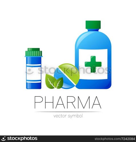 Pharmacy vector symbol with 2 blue pill bottle and tablet for pharmacist, pharma store, doctor and medicine. Modern design vector logo on white background. Pharmaceutical icon logotype . Health.. Pharmacy vector symbol with 2 blue pill bottle and tablet for pharmacist, pharma store, doctor and medicine. Modern design vector logo on white background. Pharmaceutical icon logotype . Health