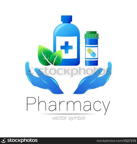 Pharmacy vector symbol with 2 blue pill bottle in hands and tablet for pharmacist, pharma store, doctor and medicine. Modern design logo on white background. Pharmaceutical icon logotype . Health.. Pharmacy vector symbol with 2 blue pill bottle in hands and tablet for pharmacist, pharma store, doctor and medicine. Modern design logo on white background. Pharmaceutical icon logotype . Health