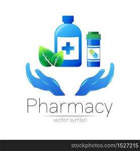 Pharmacy vector symbol with 2 blue pill bottle in hands and tablet for pharmacist, pharma store, doctor and medicine. Modern design logo on white background. Pharmaceutical icon logotype . Health.. Pharmacy vector symbol with 2 blue pill bottle in hands and tablet for pharmacist, pharma store, doctor and medicine. Modern design logo on white background. Pharmaceutical icon logotype . Health