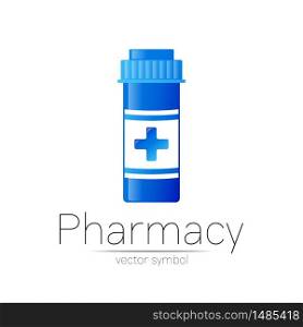 Pharmacy vector symbol with blue bottle and cross for pharmacist, pharma store, doctor and medicine. Modern design vector logo on white background. Pharmaceutical icon logotype . Human Health.. Pharmacy vector symbol with blue pill bottle and cross for pharmacist, pharma store, doctor and medicine. Modern design vector logo on white background. Pharmaceutical icon logotype . Human Health