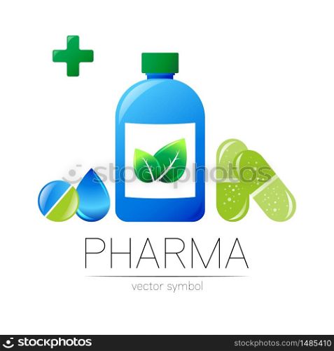 Pharmacy vector symbol with blue bottle and cross, green leaf and drop, pill capsule tablet for pharmacist, pharma store, doctor medicine. Modern design logo on white. Pharmaceutical icon logotype.. Pharmacy vector symbol with blue bottle and cross, green leaf and drop, pill capsule tablet for pharmacist, pharma store, doctor medicine. Modern design logo on white. Pharmaceutical icon logotype