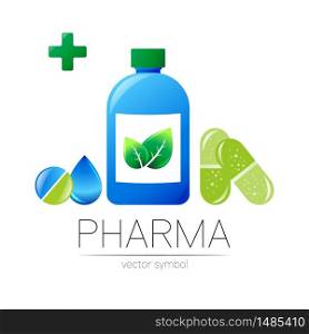 Pharmacy vector symbol with blue bottle and cross, green leaf and drop, pill capsule tablet for pharmacist, pharma store, doctor medicine. Modern design logo on white. Pharmaceutical icon logotype.. Pharmacy vector symbol with blue bottle and cross, green leaf and drop, pill capsule tablet for pharmacist, pharma store, doctor medicine. Modern design logo on white. Pharmaceutical icon logotype