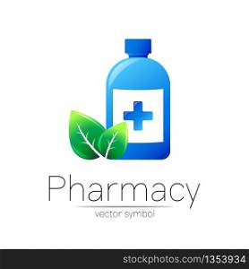 Pharmacy vector symbol with blue bottle and cross, green leaf for pharmacist, pharma store, doctor and medicine. Modern design vector logo on white background. Pharmaceutical icon logotype . Health.. Pharmacy vector symbol with blue bottle and cross, green leaf for pharmacist, pharma store, doctor and medicine. Modern design vector logo on white background. Pharmaceutical icon logotype . Health