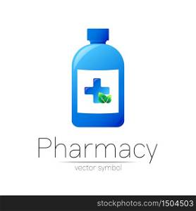 Pharmacy vector symbol with blue bottle and cross, green leaf for pharmacist, pharma store, doctor and medicine. Modern design vector logo on white background. Pharmaceutical icon logotype . Health.. Pharmacy vector symbol with blue bottle and cross, green leaf for pharmacist, pharma store, doctor and medicine. Modern design vector logo on white background. Pharmaceutical icon logotype . Health