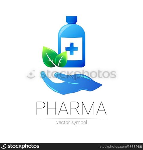 Pharmacy vector symbol with blue bottle and cross, green leaf on hand for pharmacist, pharma store, doctor and medicine. Modern design vector logo on white background. Pharmaceutical icon logotype. Pharmacy vector symbol with blue bottle and cross, green leaf on hand for pharmacist, pharma store, doctor and medicine. Modern design vector logo on white background. Pharmaceutical icon logotype .