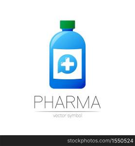 Pharmacy vector symbol with blue bottle and cross in circle for pharmacist, pharma store, doctor and medicine. Modern design vector logo on white background. Pharmaceutical icon logotype .Human Health.. Pharmacy vector symbol with blue bottle and cross in circle for pharmacist, pharma store, doctor and medicine. Modern design vector logo on white background. Pharmaceutical icon logotype .Human Health