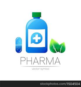 Pharmacy vector symbol with blue bottle and cross in circle, green leaf, for pharmacist, pharma store, doctor and medicine. Modern design logo on white. Pharmaceutical icon logotype with pill capsule.. Pharmacy vector symbol with blue bottle and cross in circle, green leaf, for pharmacist, pharma store, doctor and medicine. Modern design logo on white. Pharmaceutical icon logotype with pill capsule
