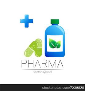 Pharmacy vector symbol with blue bottle and cross in circle, green leaf, for pharmacist, pharma store, doctor and medicine. Modern design logo on white. Pharmaceutical icon logotype with pill capsule.. Pharmacy vector symbol with blue bottle and cross in circle, green leaf, for pharmacist, pharma store, doctor and medicine. Modern design logo on white. Pharmaceutical icon logotype with pill capsule