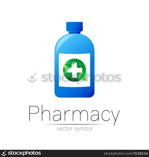Pharmacy vector symbol with blue bottle and cross in green circle for pharmacist, pharma store, doctor and medicine. Modern design vector logo on white background. Pharmaceutical icon logotype. Health.. Pharmacy vector symbol with blue bottle and cross in green circle for pharmacist, pharma store, doctor and medicine. Modern design vector logo on white background. Pharmaceutical icon logotype. Health